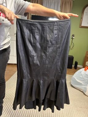 New York & Company Black Faux Leather Midi Skirt with Ruffle Hem